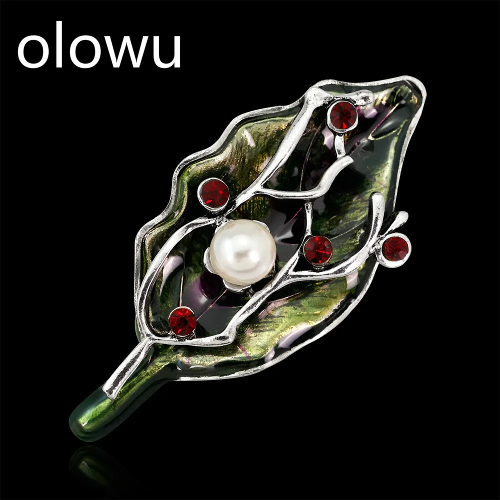 olowu Enamel Leaf Brooch Broach Pins Cost Dress Decoration Vintage