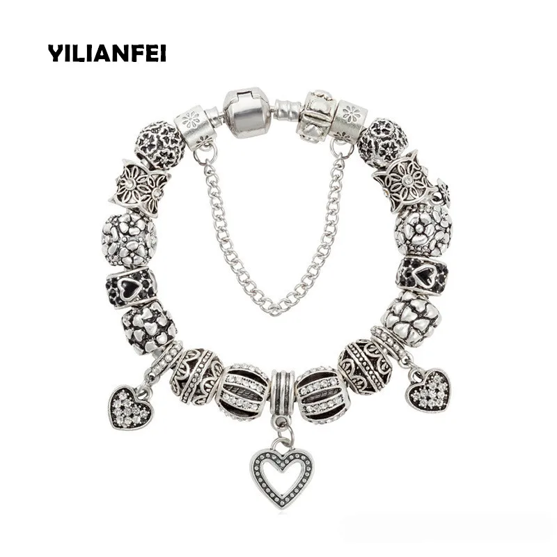 

YILIANFEI Silver plating Heart Pendant Fashion Vintage Concise Charm Bracelets & Bangles with Chamilia Beads For Women BT0135