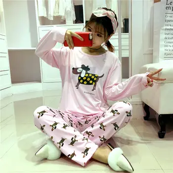 

factory wholesale Women Pajamas Sets Autumn Long Sleeve Thin Printed Cute Sleepwear Big Girl Pijamas Mujer casual Student Pajama