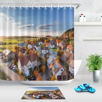 

LB Aerial View Architecture Autumn Shower Curtain with Mat Set Bathroom Extra Long Waterproof Polyester Fabric For Bathtub Decor