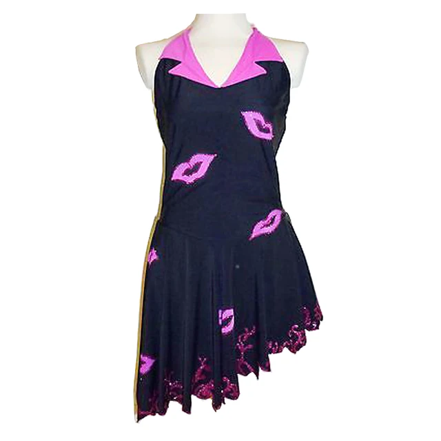 Best price at $114 Cheap Customized Costume Ice Figure Skating Gymnastics Dress Competition Adult Child Girl Black Skirt Performance Pink Suit Collar Lip