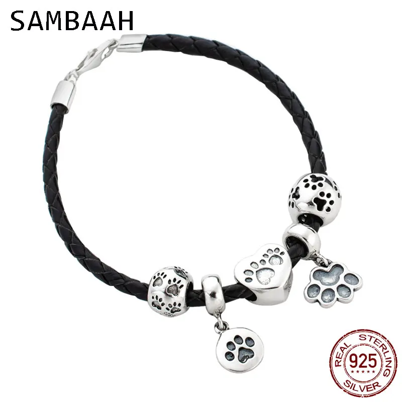 

Sambaah 3mm Chain Italian Braided Leather Animal Bracelet with 925 Sterling Silver Pet Dogs Paw Print Charm Beads DIY Bracelet