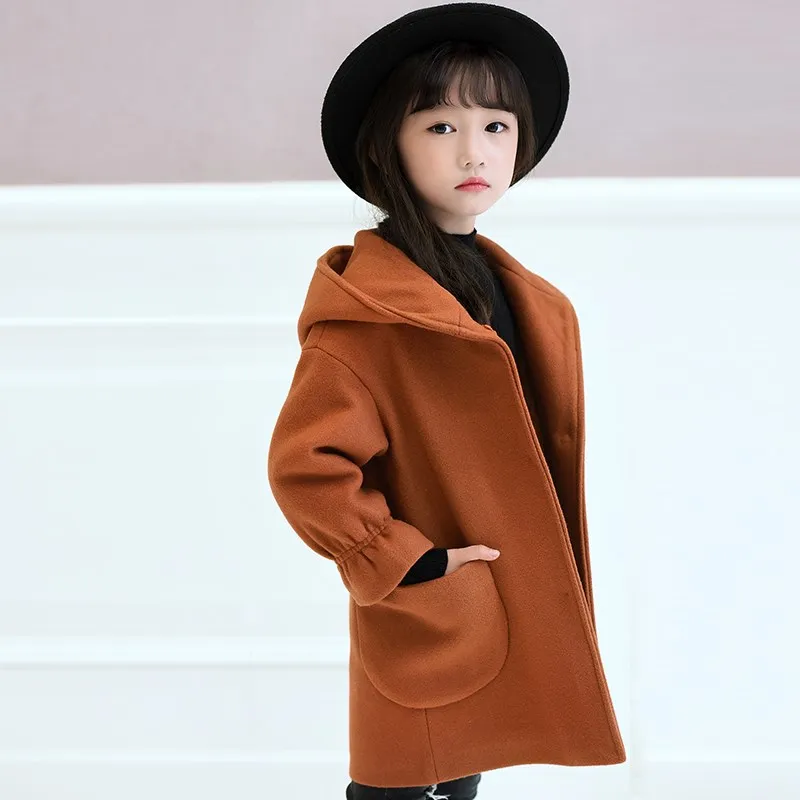 DZIECKO/модные зимние шерстяные пальто для девочек Детские хлопковые куртки с капюшоном однобортные длинные пальто для девочек-подростков