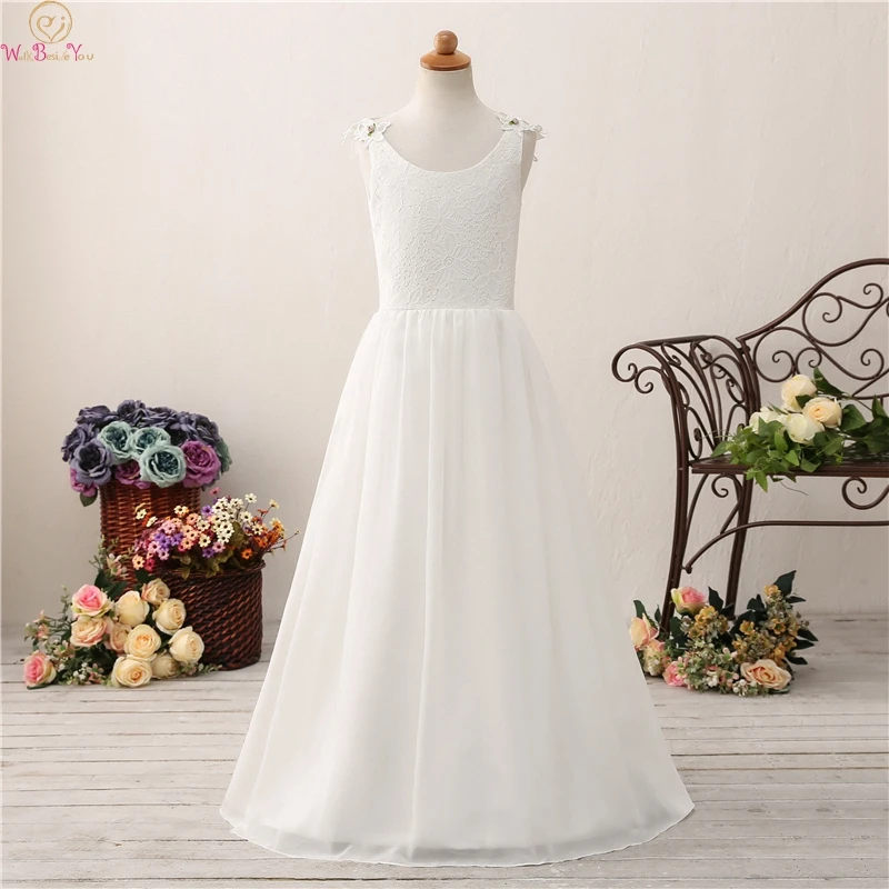 

Lace Flower Girls A Line Dresses 2019 For Weddings Scoop Neck Birthday Party Chiffon Kids First vestido Communion Pageant Gowns