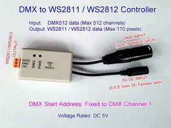 

DMX to WS2811 Controller, DMX512 to WS2812/WS2812B controller up to 170 pixels. DC 5V. DMX start address is fixed to channel 1.