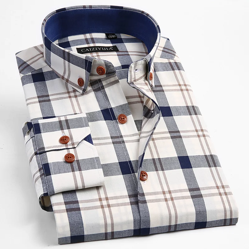 Acheter Hommes de 100% Coton À Manches Longues Contraste Plaid Robe Chemise Masculine Smart Casual Tops Slim Fit Réglable Manchette Bouton Vers Le Bas chemises