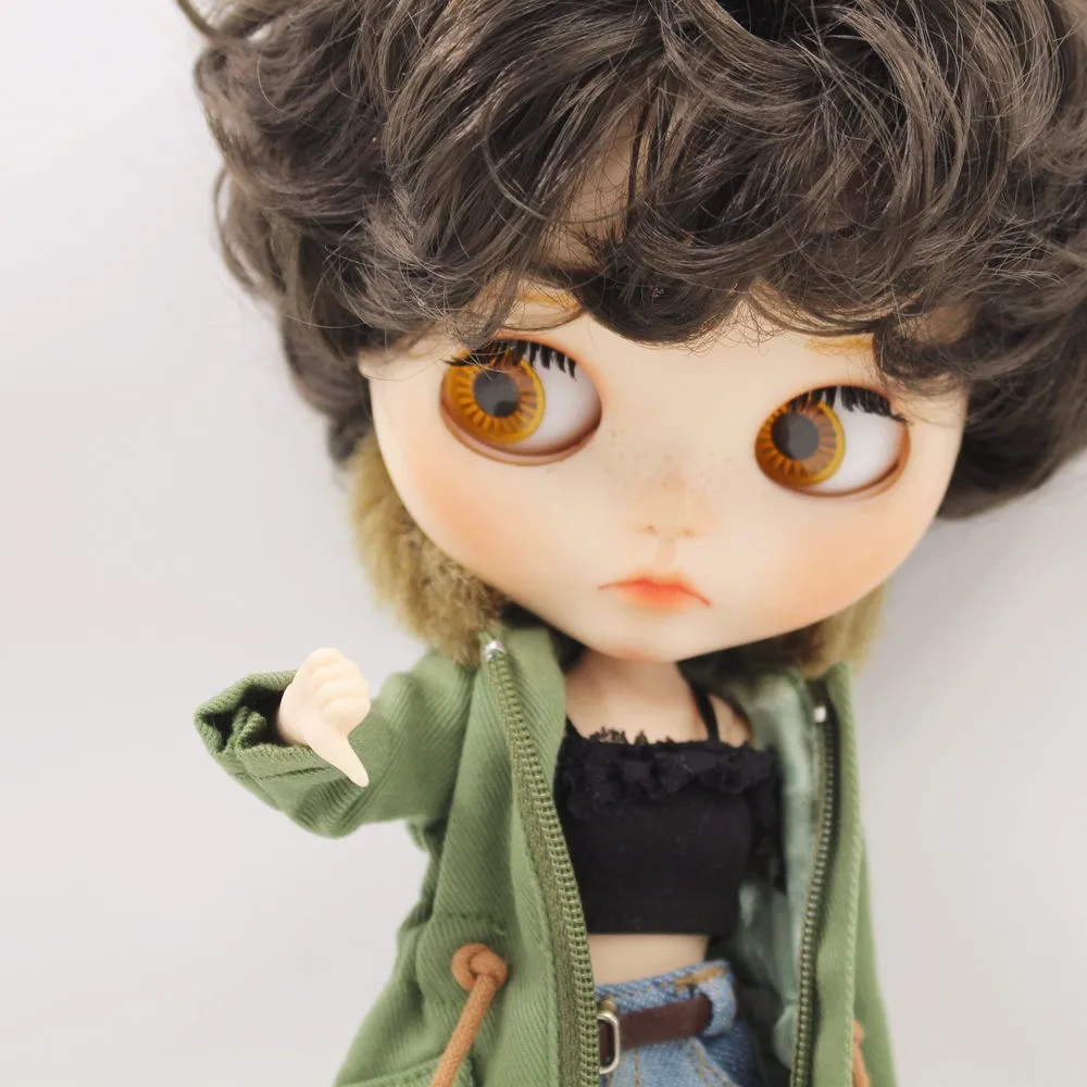 Neo Blythe Doll Denim Shorts Black Lace Bra with Green Army Jacket 3