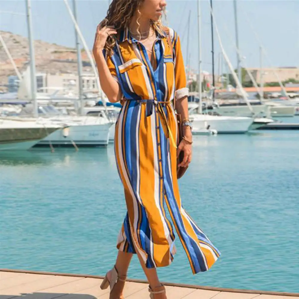 Maxi Dress Fashion European And American Women's Striped Shirt Collar Split Dress Summer Dresses woman party night long sleeve