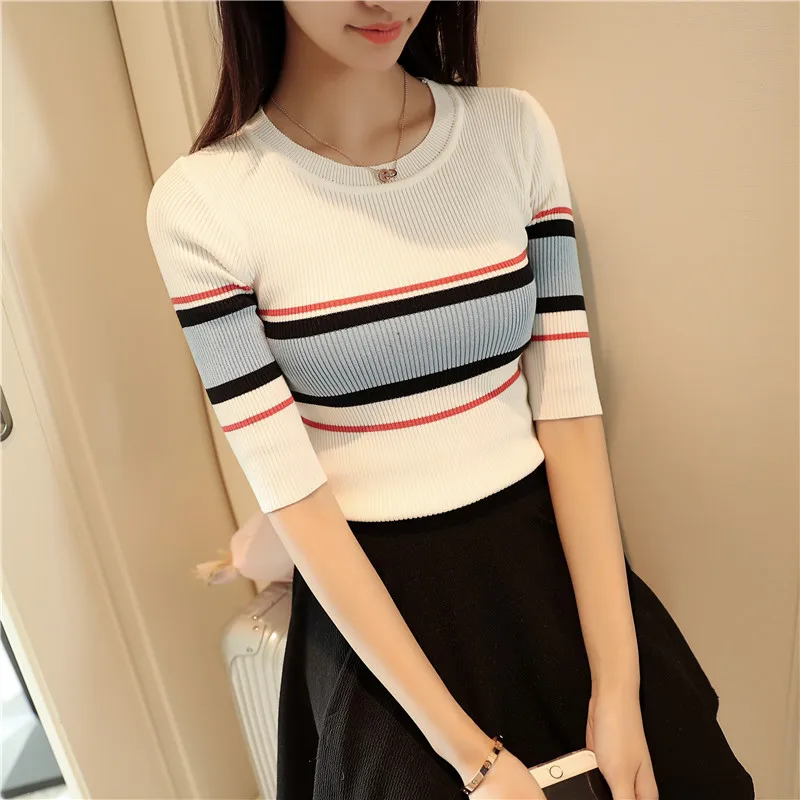 

2017 Korean women's new spring color stripe in slim sleeve a thin sweater shirt blouse