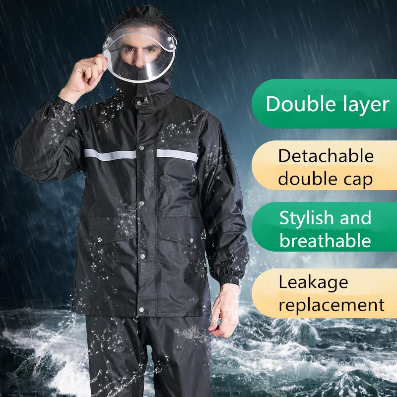 

Raincoat rain pants suit men's thick waterproof body motorcycle split adult hiking riding raincoat Detachable double cap
