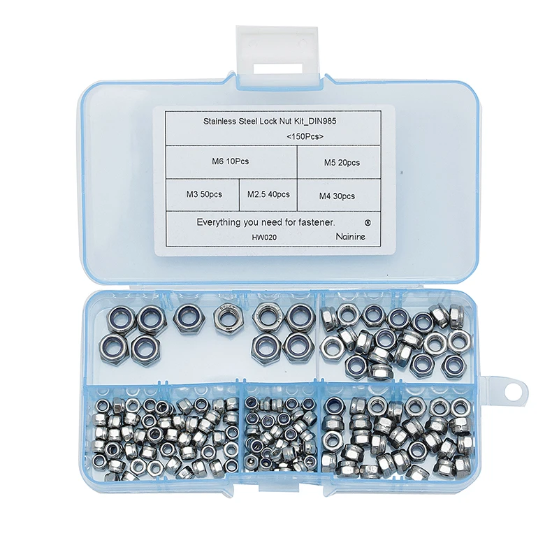 

150Pcs/set DIN985 M2 M2.5 M3 M4 M5 M6 Stainless Steel Self-locking Nut Lock Nut Locknut Slip Nylon Hex Nut Assortment Kit HW020