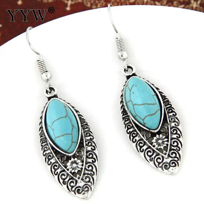 

YYW Ethnic Women Jewelry Antique silver color Black Vein Turquoises Stone Earring Vintage Horse Eye Dangle Earrings Pendientes