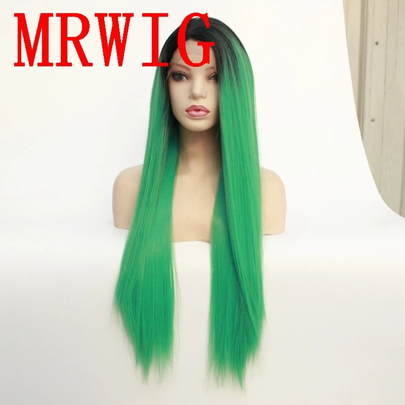 

MRWIG Black Ombre Green Free Part Long Straight 26in Synthetic Lace Front Wig Short Dark Roots Cosplay Wig