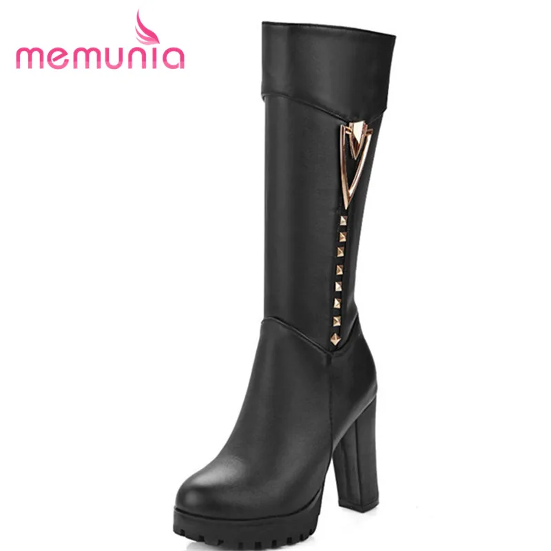 

MEMUNIA women boots big size 33-43 fashion extreme high heels boots simple round toe square heels 2018 new mid calf boots