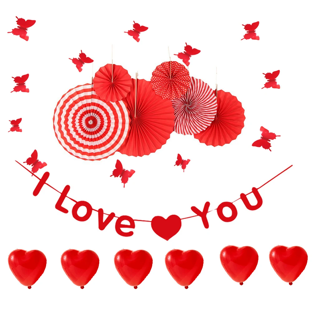 

9PCS/Set Red Theme Romantic Valentines Day for I LOVE YOU Party Decorations Paper Fans Banners For Valentines Wedding Decor