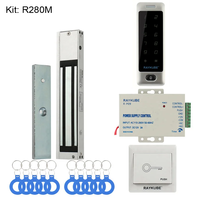 RAYKUBE DIY система контроля доступа набор с сенсорной клавиатурой+ Электронные дверные замки+ кнопка выхода+ блок питания+ RFID ключи - Цвет: 280M