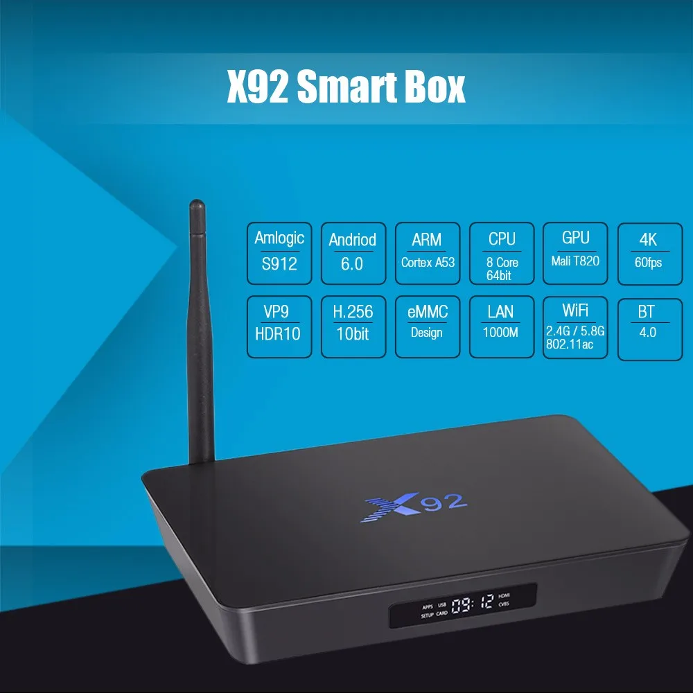 

X92 Amlogic S912 Octa-core Cortex-A53 Real-time Display Online Player 2.4GHz / 5.8GHz WiFi HD 2.0a Connectivity TV BOX