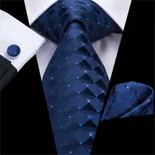 Men Blue Ties Plaid Silk Woven Necktie Checked Neck Tie Hanky Cufflinks Set Ties Gift for Wedding Party Business Hi-Tie C-3525