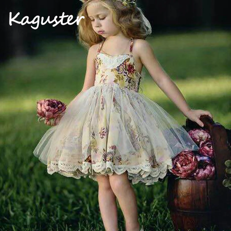 

2018 New Girls Dresses Sling Ball Retro Prints Mesh Vest Ballet Tutu Dress Summer Girl Party Vestidos Princess Dresses