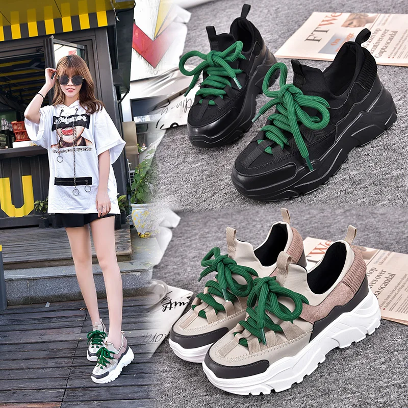 

Women Sneakers Shoes Female Harajuku Wild Green Belt With Sponge Cake Thick Bottom Exercising Shoes Women's Shoes