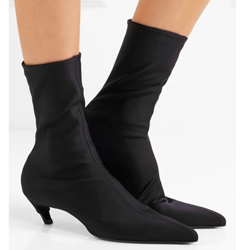 

2018 Designer Women Autumn Winter Sock Boots Stretch Middle High Heels Pointed Toe Ankle Boots Women Pumps Stiletto Ladies Shoes