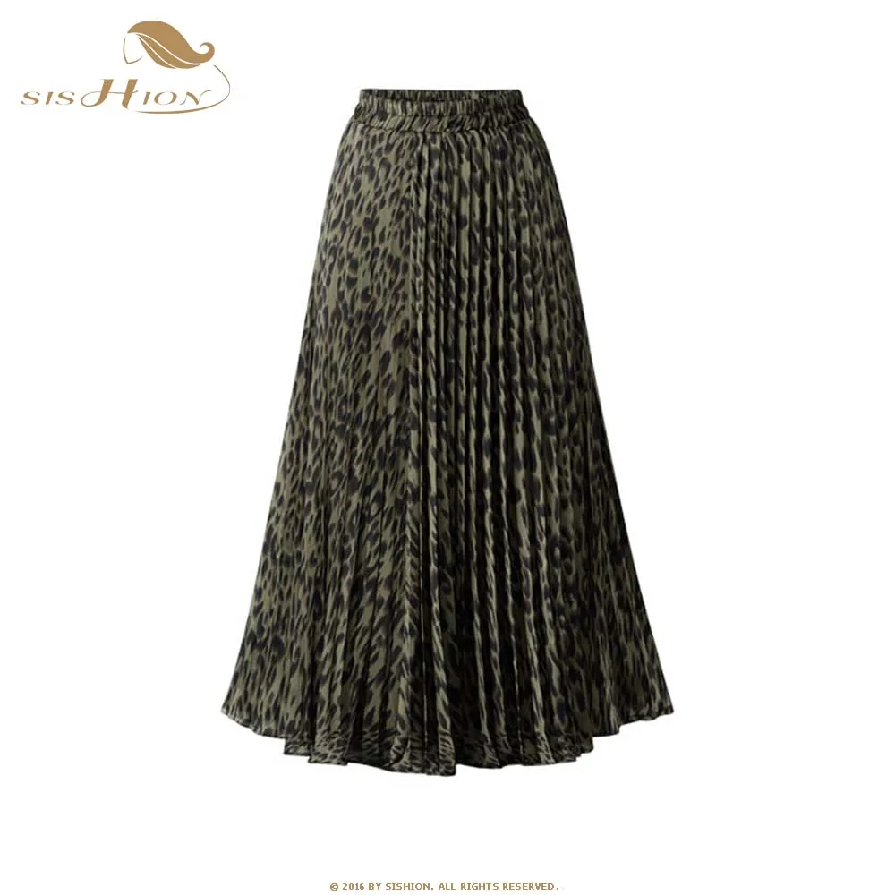 SISHION Весенняя леопардовая юбка с принтом животных Женская плиссированная миди юбка YJZ0254 плюс размер сексуальные длинные юбки с высокой талией - Цвет: Зеленый