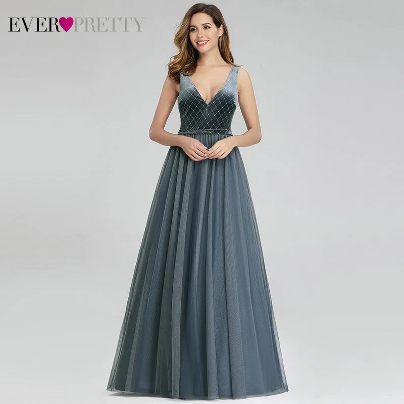 Plus Size Evening Dresses Long Ever Pretty New Dusty Blue Sleeveless V-neck Cheap Summer Formal Gowns Robe Soiree Dubai - Цвет: EP00999DN