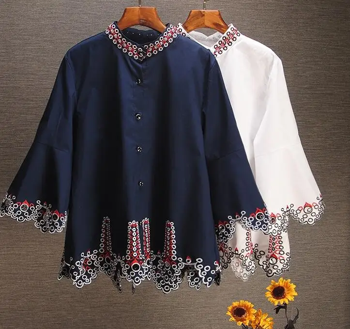 Женская Весенняя Осенняя Повседневная Свободная рубашка с длинными расклешенными рукавами женская винтажная национальная английская блузка с вышивкой TB117