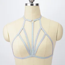 Хэллоуин сексуальное женское белье серебро рабства Готический укороченный топ Жгут Бюстгальтер Harajuku Связывание эластичные Rave восточном спандекс клетка бюстгальтер