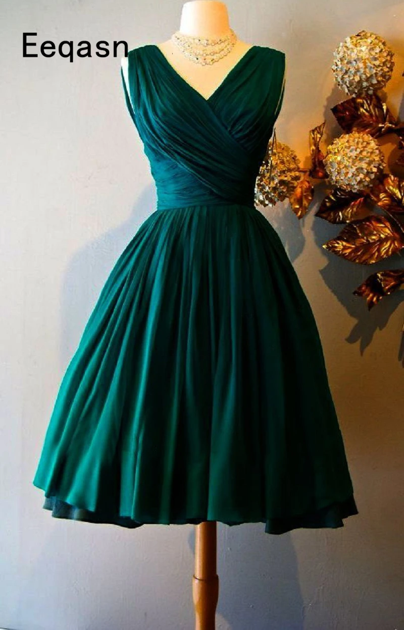 Vintage Elegant Knee Length Cocktail Dresses V Neck Satin Pleated Vestidos de Coctel Sukienka Koktajlowa robe cocktail