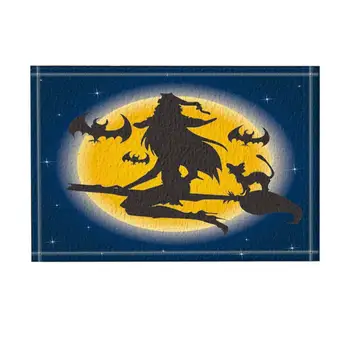 

Halloween Decor, Witch Riding a Broom Against Full Moon and Flying Bats Bath Rugs, Non-Slip Funny Indoor Outdoor Doormat