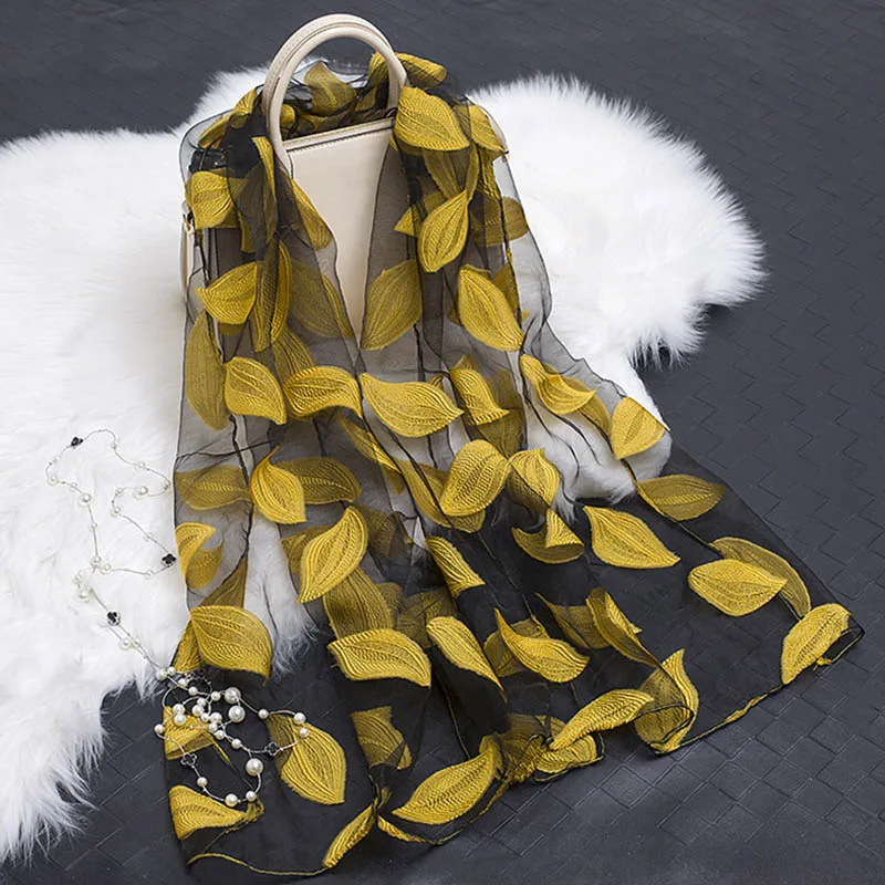 

180*70cm Leaves Embroidered Scarf Women Long Shawl Echarpe Winter Spring Lady Elegant Hijab Wraps