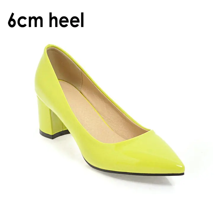 Hisdern лакированной PU искусственной кожи 2,5/6/8,5 см Женская обувь Для женщин женские туфли-лодочки офисные туфли с острым носком слипоны весенние туфли-лодочки на высоком каблуке; большие размеры 42 43, желтого цвета - Цвет: yellow-6cm heel