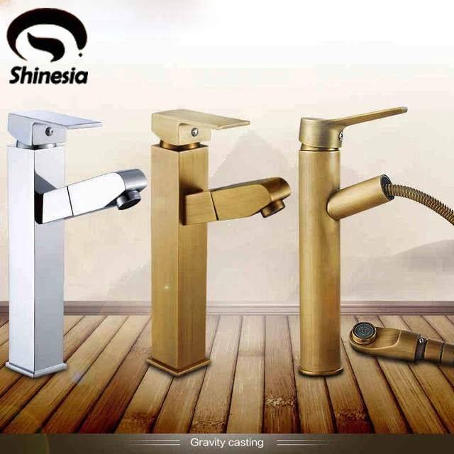 Solid Brass Countertop Bathroom Sink Faucet Pull Out Swivel Spout