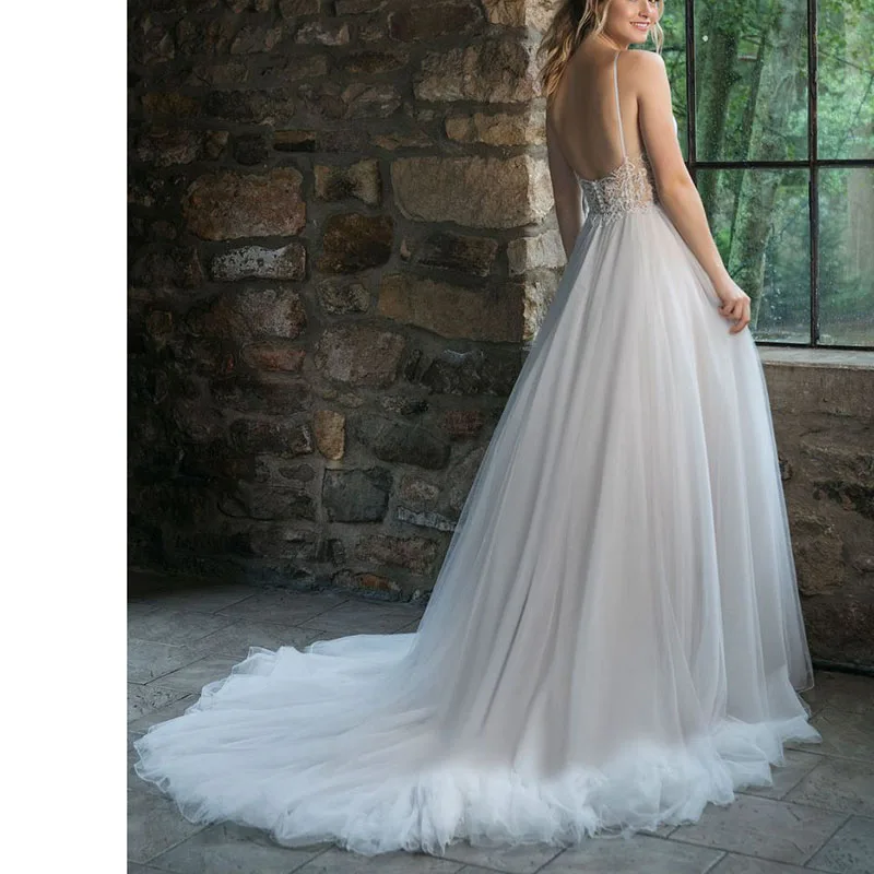 LORIE свадебное платье в богемном стиле на тонких бретельках, Тюлевое длинное с открытой спиной белое пляжное свадебное платье с аппликацией, кружевное платье принцессы, невесты