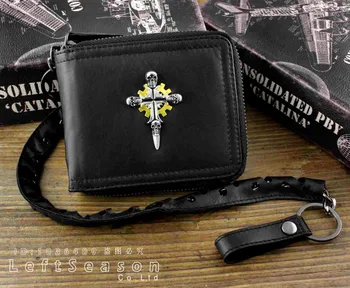 

Skull cross Mens Boys Genuine Lampskin leather Biker Chain wallet Billfold.