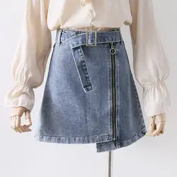 Harajuku джинсовые юбки женские 2019 Лето Высокая талия на молнии джинсовая юбка с поясом плюс Размеры Женская мини-юбка женская юбка Jupe