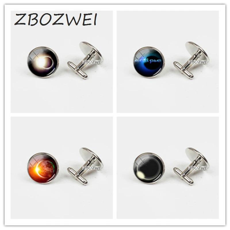

ZBOZWEI 2018 New Earth Solar Eclipse Cufflink Eclipse Logo Men's Shirt Cuffs Round Glass Photo Cufflinks Gifts For Him Handmade