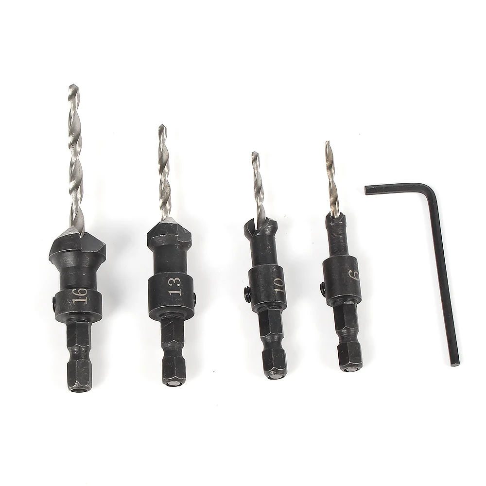 4Pcs HSS Countersink Drill Bit Cone Bit Set Quick Change Wood Hex Shank Screw Carpentry Woodworking Tools 6#,8#,10# and 12#