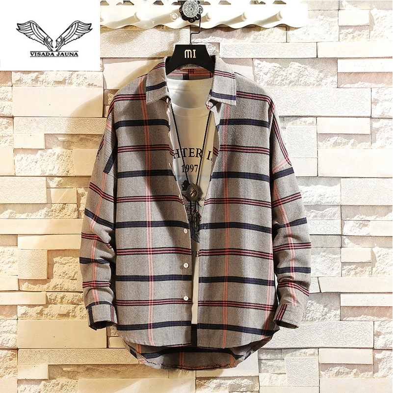 

VISADA JAUNA New Japanese Retro Tide Men's Plaid Shirt Fashion Casual Youth Loose Long Sleeves Size M-3XL TLH45