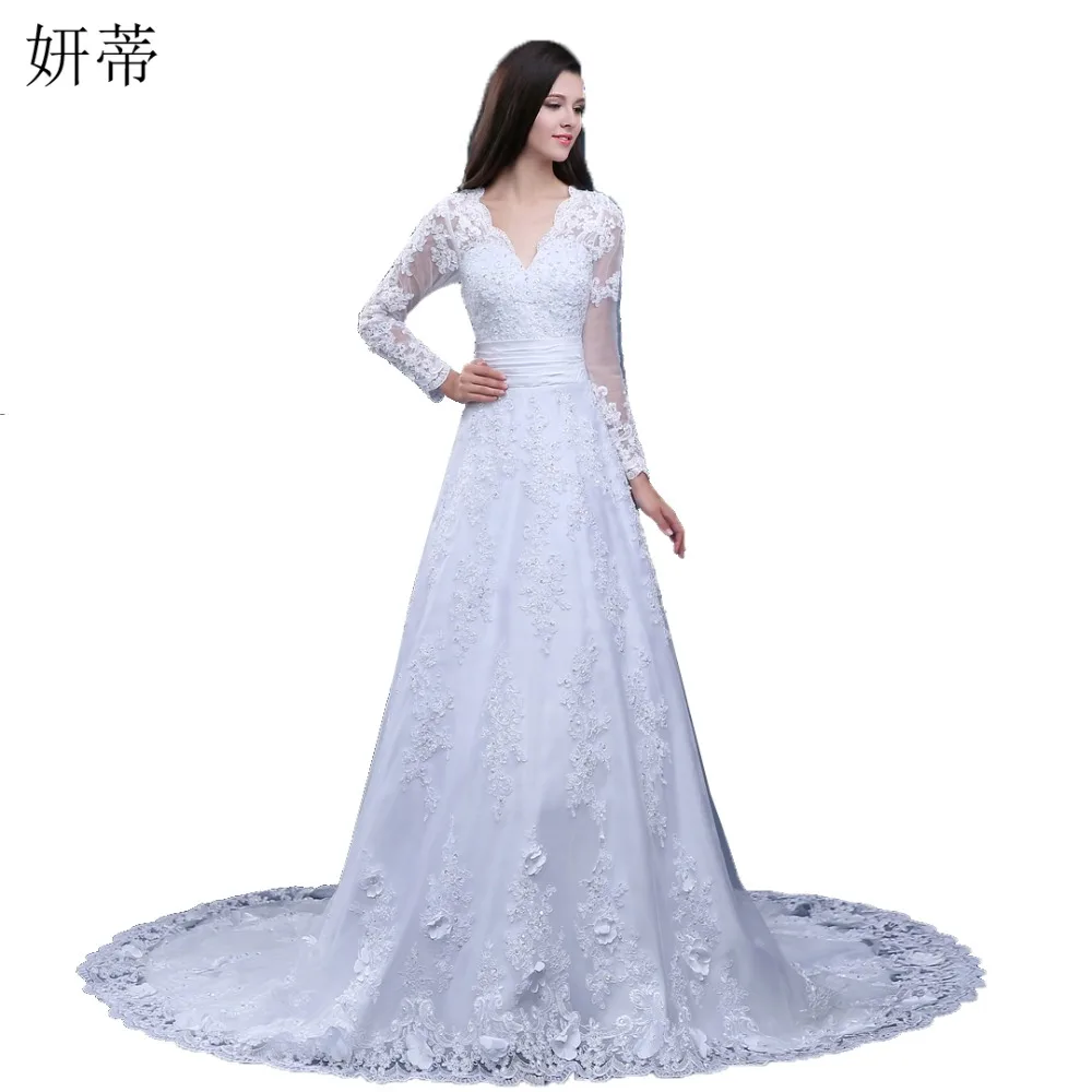

Vintage Lace Long Sleeve V Neck A Line Wedding Dress 2017 Chapel Train Beading Sequined Applique Button Women Bridal Gowns