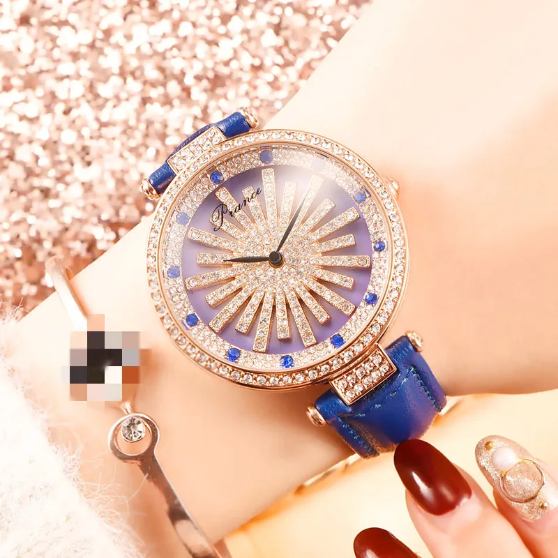 

2019 Hot New Fashion Full Rhinestone Leather Strap Women's Fashion Watch Multicolor Irregular Rotary Women's Quartz Watch