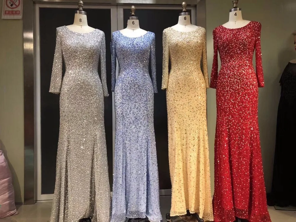 

2018 In stock Sexy Mermaid Long Sleeve Evening Dress Muslim Backless Crystals New Design Amazing Party gown beading Evening gown