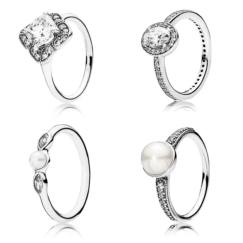 

New 925 Sterling Silver Ring Vintage Elegant Beauty Rings With Pearl and Crystal For Women Wedding Gift Fine Pandora Jewelry