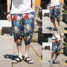 Летние мужские широкие шаровары хлопковые льняные широкие пижамы свободные укороченные брюки высокого качества W426