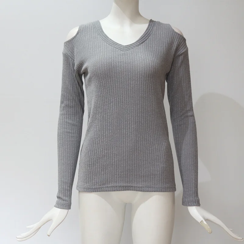 Pullover V-Neck Cold Shoulder Sweater Winter Clothes Women Rib Knit Long-Sleeved Top Casual Pure Color Clothes Autumn Female (13)