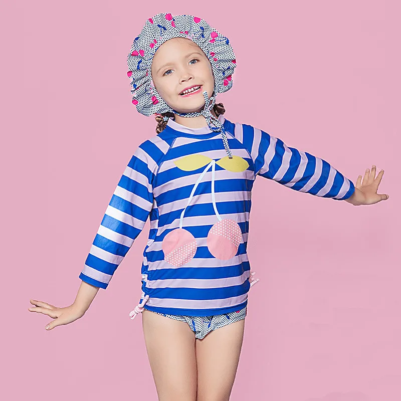 Cute Girl Two Pieces Swimwear Cherry Printed Children Striped Swimsuit