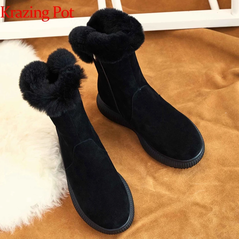 

Krazing Pot cow suede rabbit fur shearling round toe snow boots solid color wedges superstar fairy girl beauty ankle boots L22