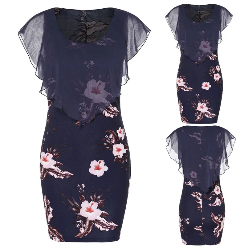 2019 Fashion Womens Casual Printed O-Neck Ruffles Mini Dress New Arrival vestidos | Женская одежда