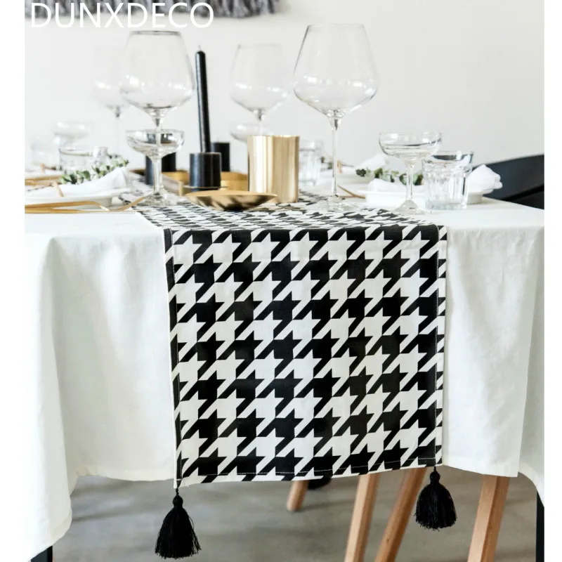 

DUNXDECO 1PC Modern Geometric Artistic White Black Swallow Gird Linen Cotton Table Runner Home Party Table Decorative Cover Mat
